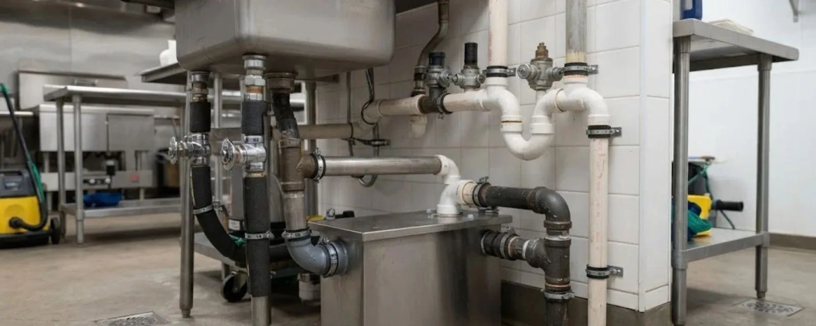 Commercial kitchen plumbing with sink drains, a grease interceptor and pipe runs under a steel prep sink