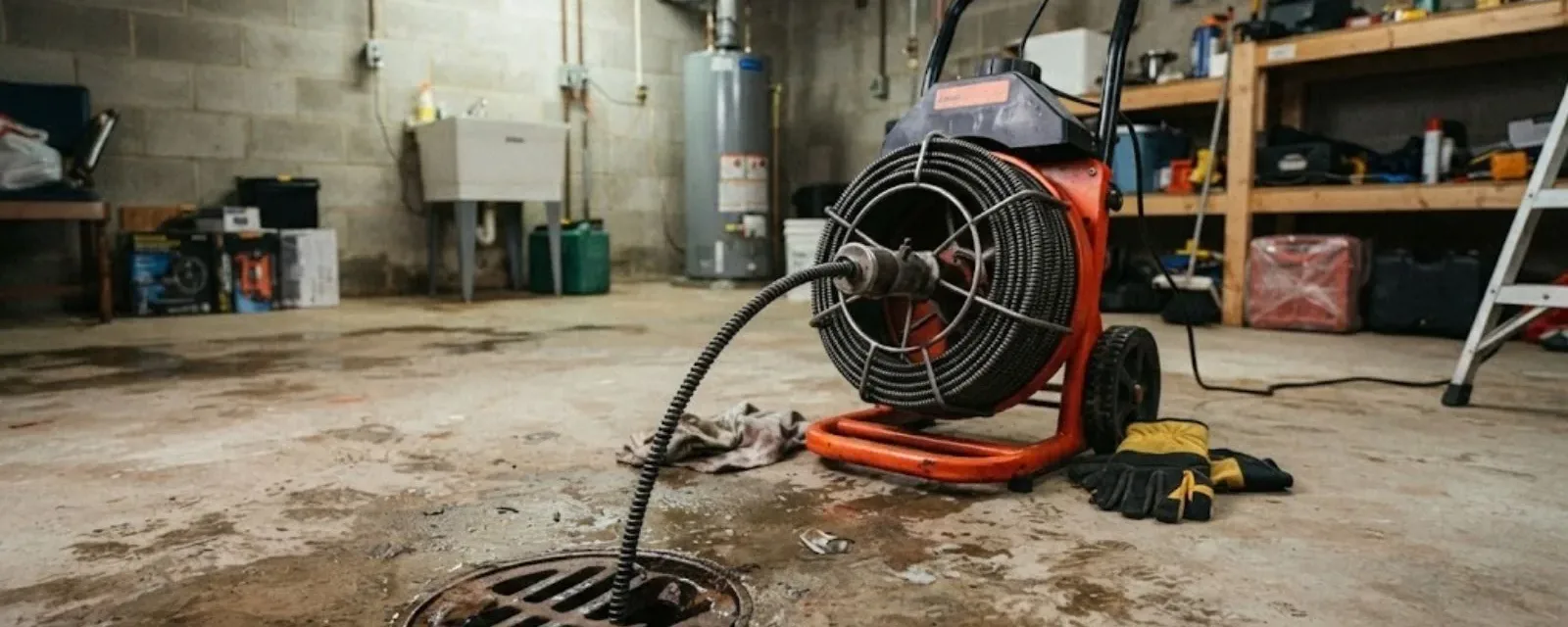 Orange drain cleaning machine with its cable fed into a floor drain in a basement utility area