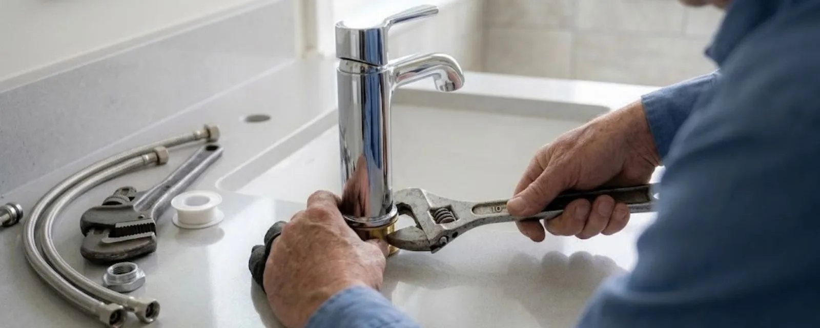 Hands using an adjustable wrench on a bathroom faucet with new supply lines laid on the counter