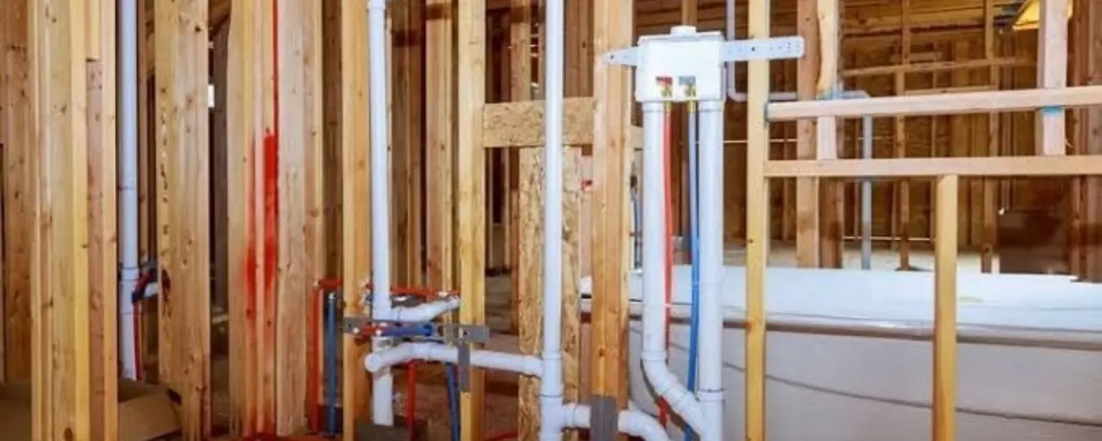 Rough-in plumbing with drain pipes and supply lines in an open framed bathroom wall