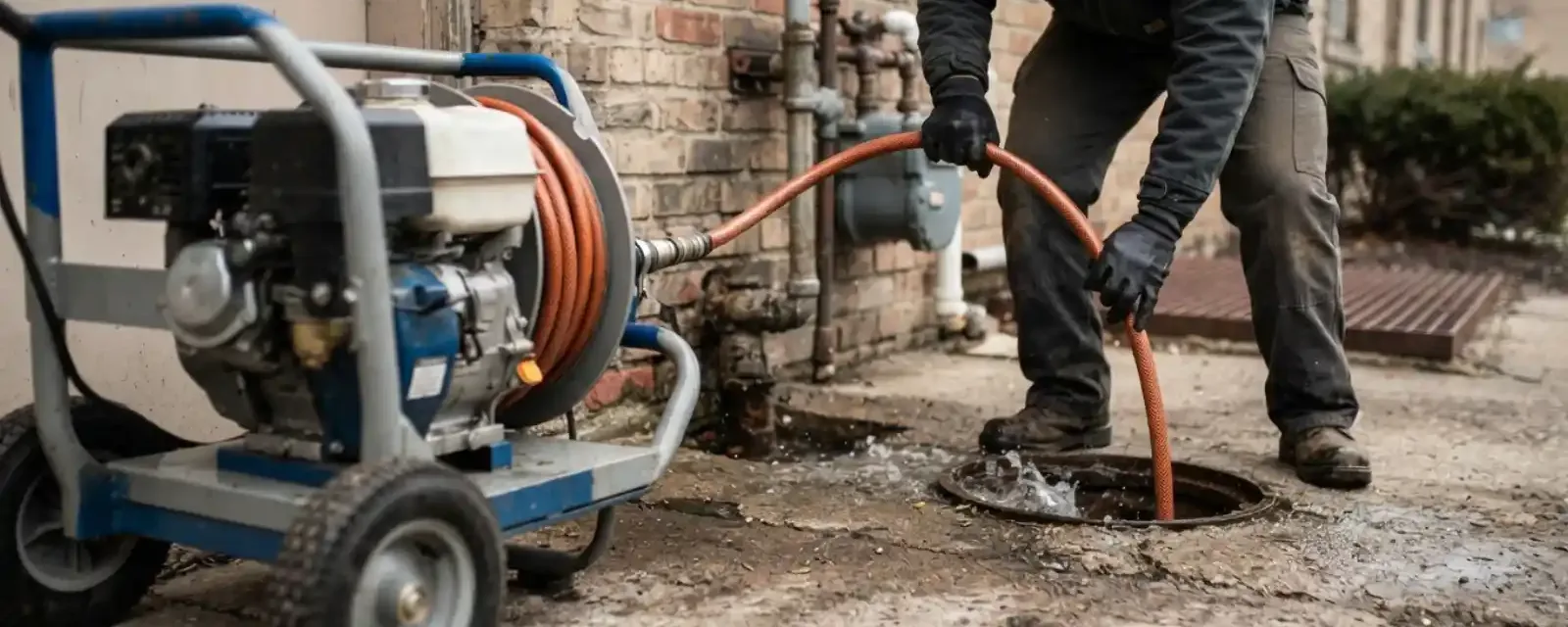 Gas-powered jetting machine with a hose feeding into a ground-level sewer cleanout
