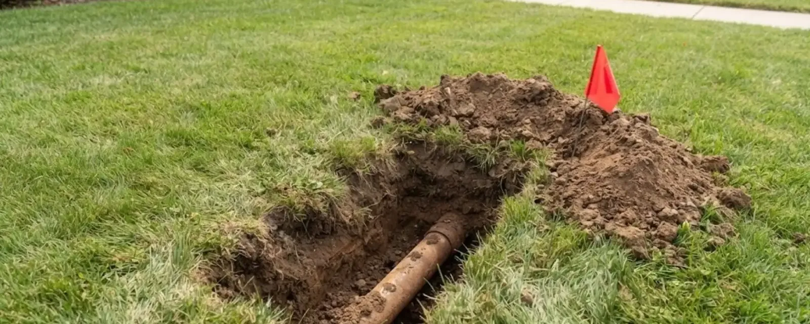 Open trench in a lawn exposing an old buried sewer pipe with a marker flag beside it