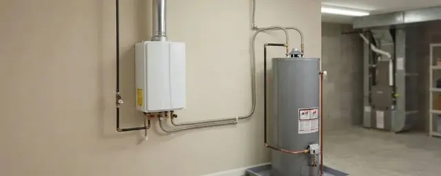 Wall-mounted tankless water heater with vent pipe and a tank water heater in a basement utility room