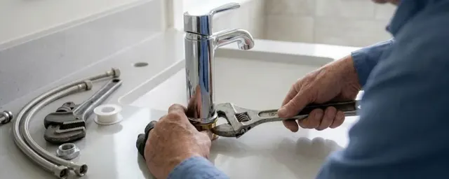 Hands using an adjustable wrench on a bathroom faucet with new supply lines laid on the counter