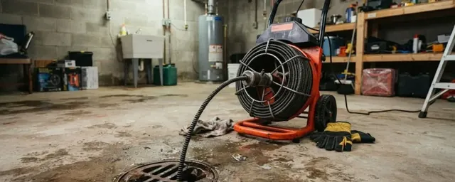 Orange drain cleaning machine with its cable fed into a floor drain in a basement utility area