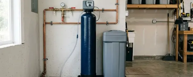 Water softener tank and brine tank installed with copper plumbing on a garage wall