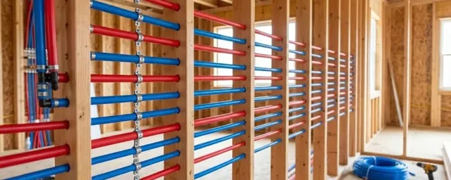 Red and blue PEX supply lines run through open wall studs during a whole-house repipe