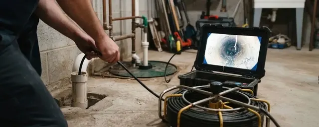 Sewer camera reel and monitor beside an open cleanout while a technician feeds the cable