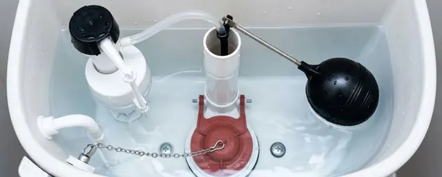 Open toilet tank showing the float, fill valve, flapper and chain