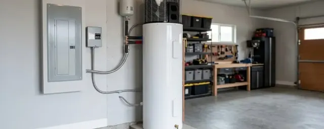 Electric tank water heater installed in a garage beside an electrical panel and workbench