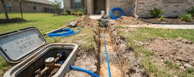 Trench running from an open water meter box in a front lawn with a new blue water line laid in it
