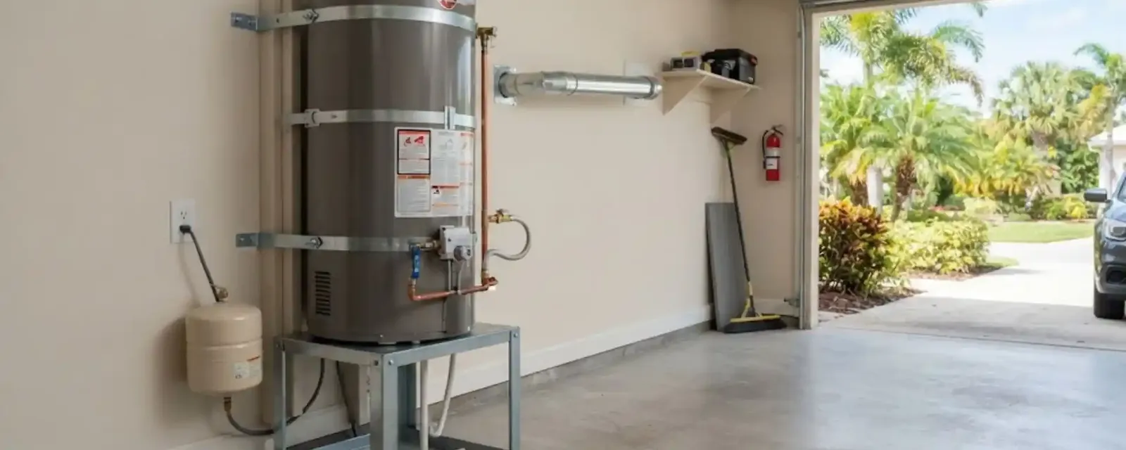 Gas water heater on a metal stand with an expansion tank in a garage with the door open